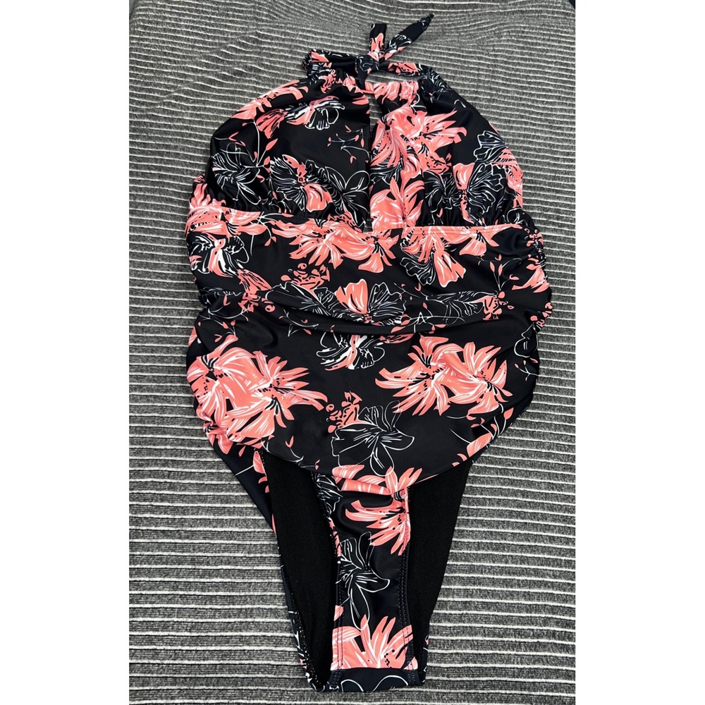 Womens Floral Halter One Piece Swimsuit Black Coral Pink Ruched Bathing Suit XL‎